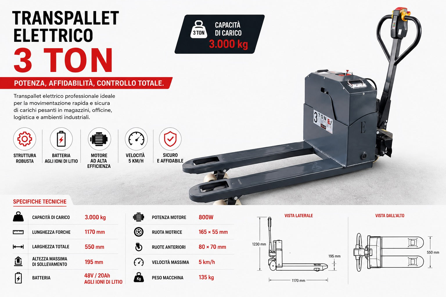 Transpallet elettrico da 3 tonnellate | Potente, veloce e professionale